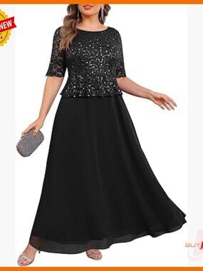 Plus Size Formal Evening Gown Sequin Lace Bodice Long Dress